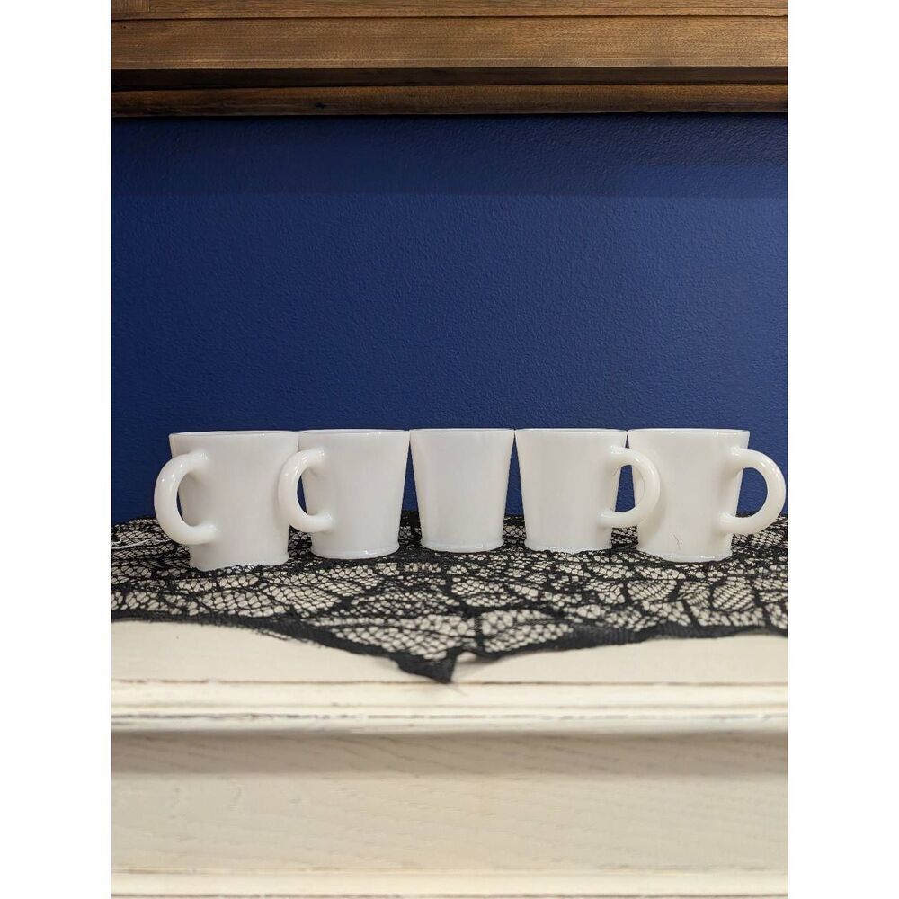 Hazel Atlas Milk Glass C Handle Diner Mugs White H A Mark Set of 5 MCM 1950s